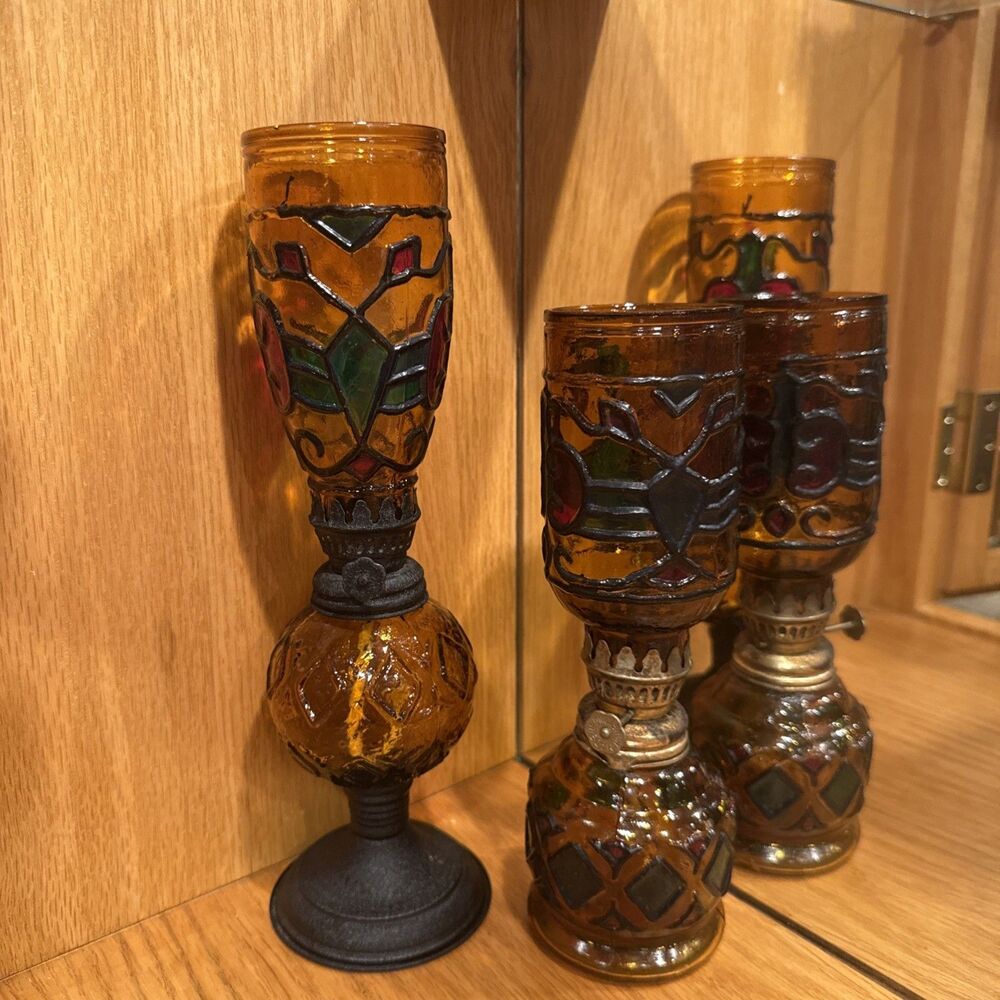Two Vintage Amber Faux Stained Glass Oil Lamps